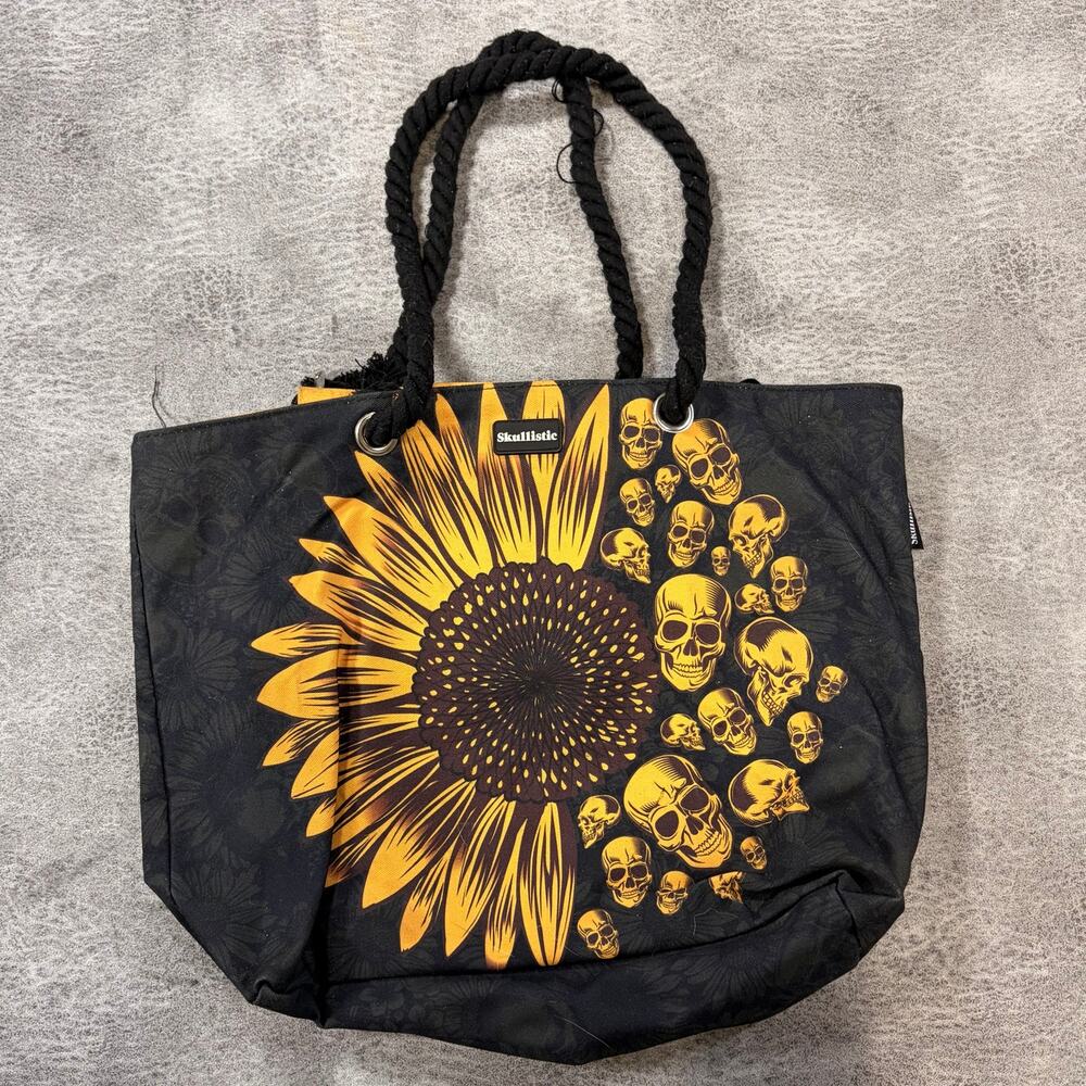 Black Sunflower Skull Graphic Tote Bag